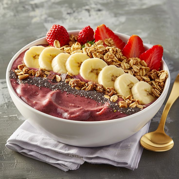 Acai bowl topped with strawberries, banana and coconut