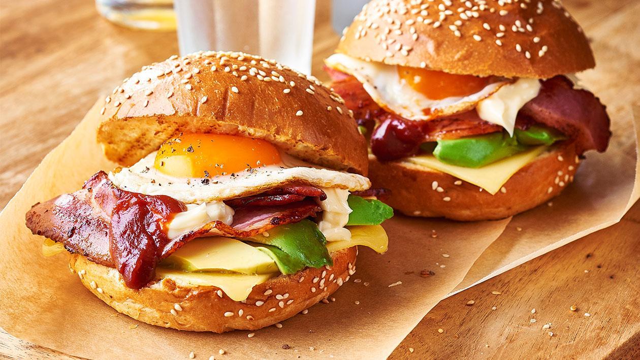 Bacon and egg roll on a toasted milk bun