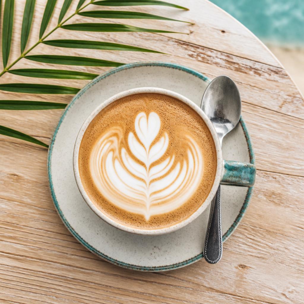 Specialty latte with tulip latte art on a light timber table